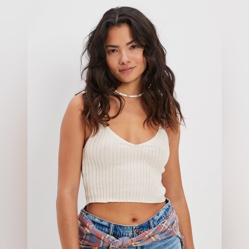 Zara Boho Ivory Cream Off White Spaghetti Strap Ribbed Sweater Cami Crop Large